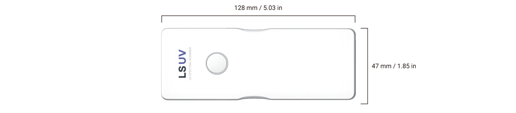 LS UV device dimensions: 128 mm (5.03 in) long and 47 mm (1.85 in) wide